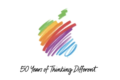 Colourful Apple logo with “50 Years of Thinking Different” text.