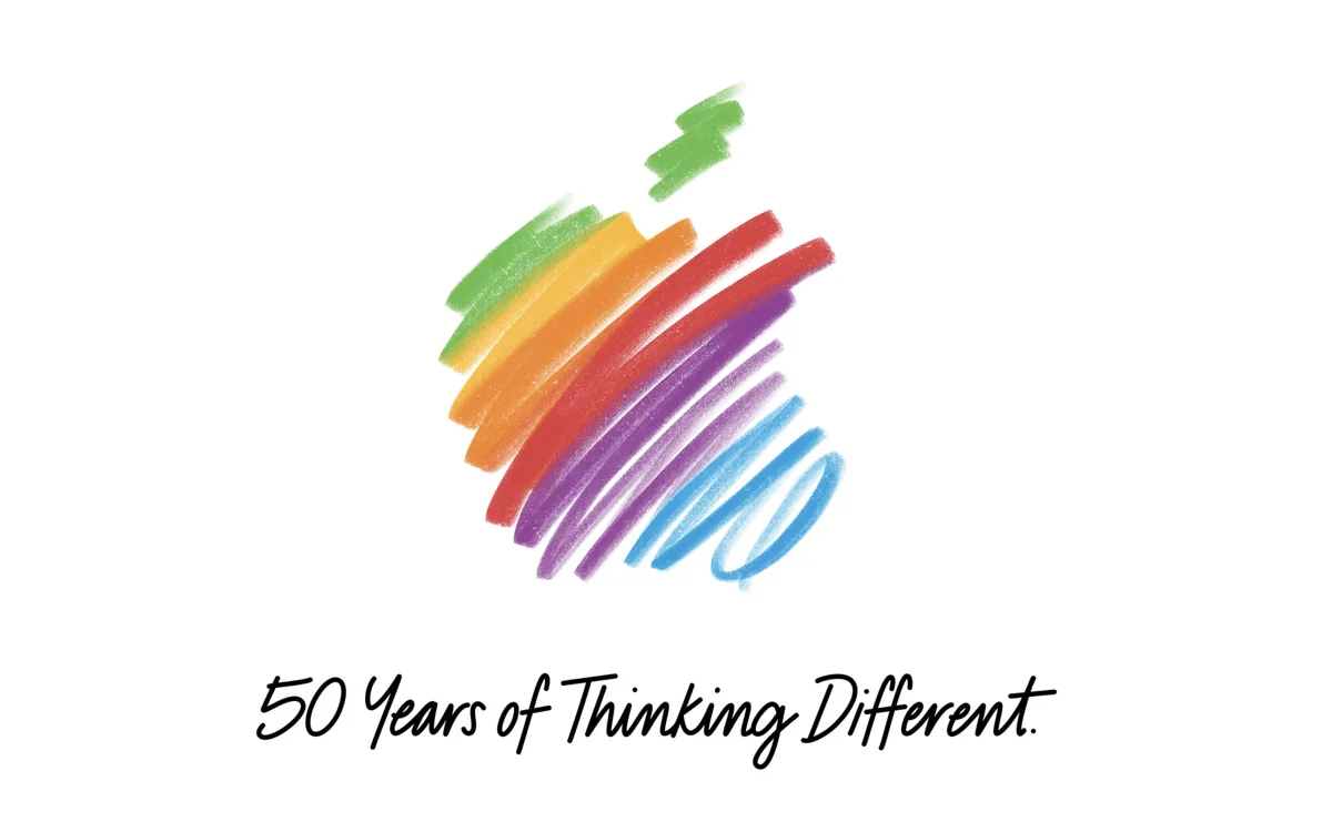 Colourful Apple logo with “50 Years of Thinking Different” text.