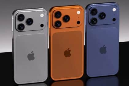 Three colourful iPhones standing side by side showing their rear camera designs.
