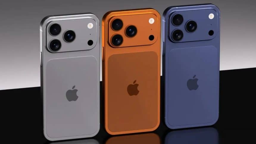 Three colourful iPhones standing side by side showing their rear camera designs.