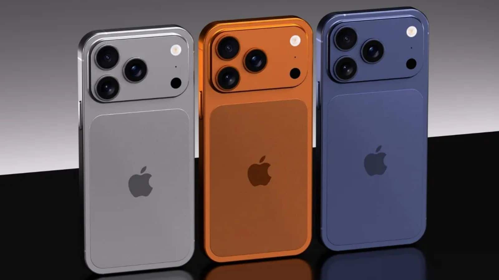 Three colourful iPhones standing side by side showing their rear camera designs.