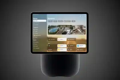 Apple HomeHub smart display showing Apple Home controls on screen.