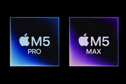 Apple M5 Pro and M5 Max chip logos on dark background.