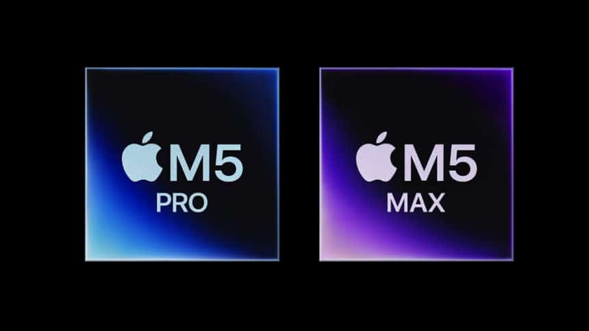 Apple M5 Pro and M5 Max chip logos on dark background.