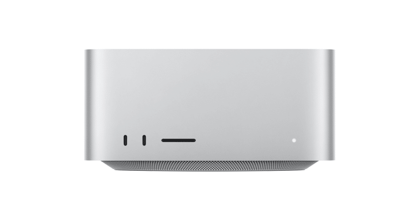 Apple Mac Studio desktop computer with front ports and aluminum design.