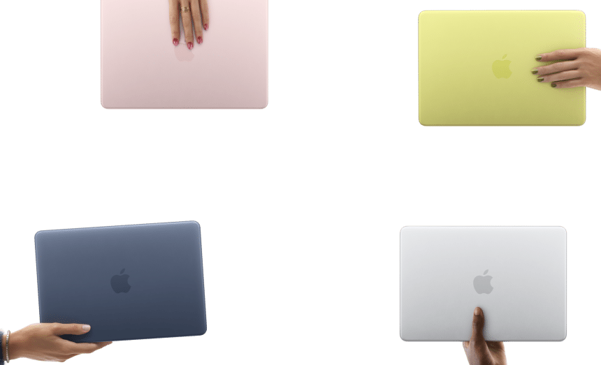 Four colourful MacBook laptops held by hands against a clean background.