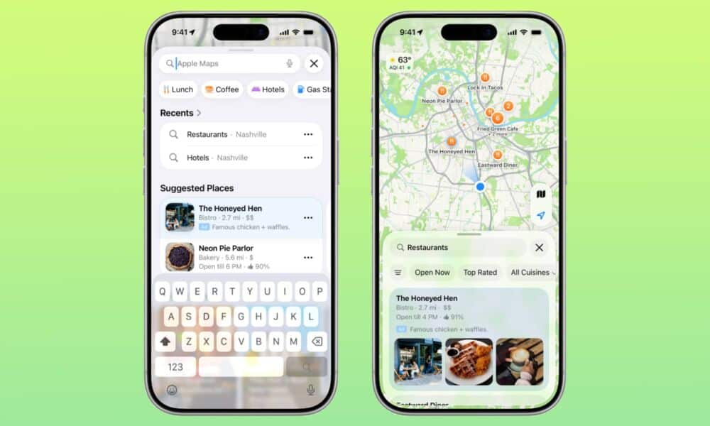 Apple Maps showing search results and suggested places with ads.