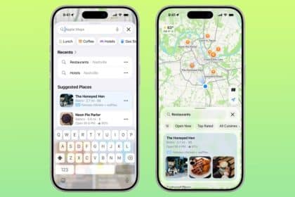 Apple Maps showing search results and restaurant listings on iPhone.