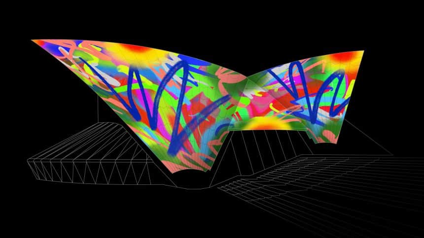 Colourful digital artwork projected onto the Sydney Opera House sails.