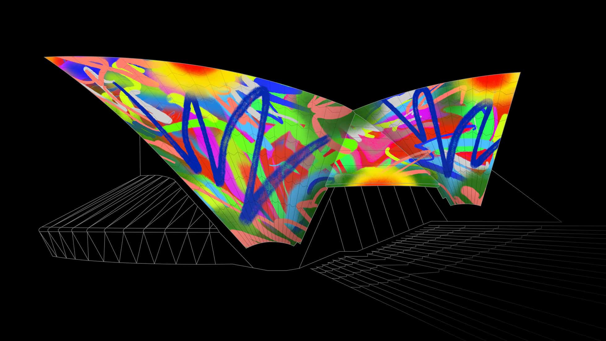 Colourful digital artwork projected onto the Sydney Opera House sails.