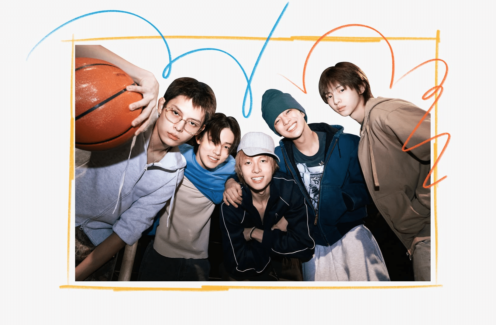K-pop group Cortis posing together with a basketball.