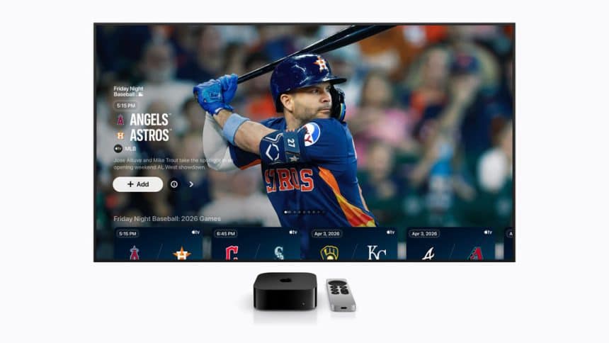Apple TV showing Friday Night Baseball game with player at bat.