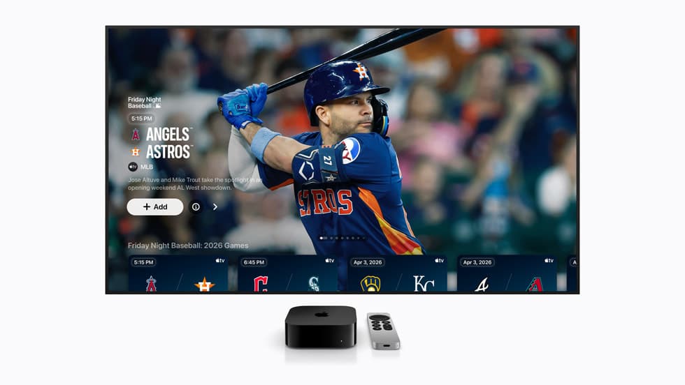 Apple TV showing Friday Night Baseball game with player at bat.
