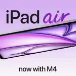 Apple iPad Air with M4 chip shown with purple display graphic.
