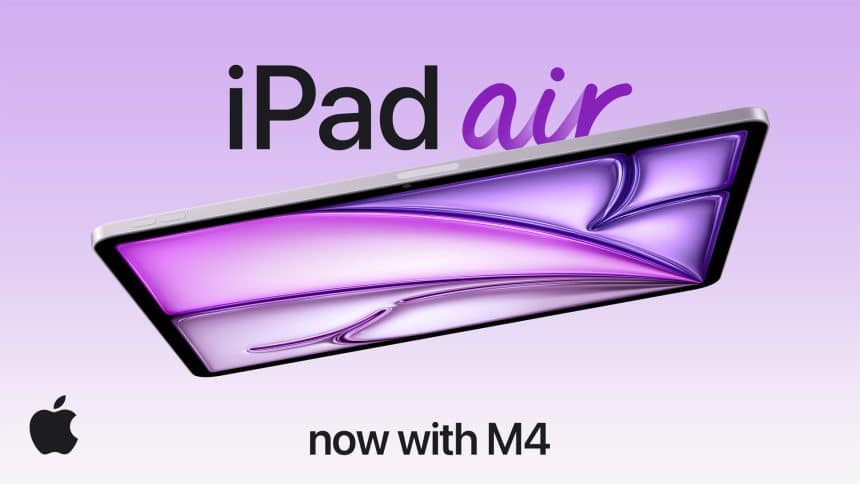 Apple iPad Air with M4 chip shown with purple display graphic.