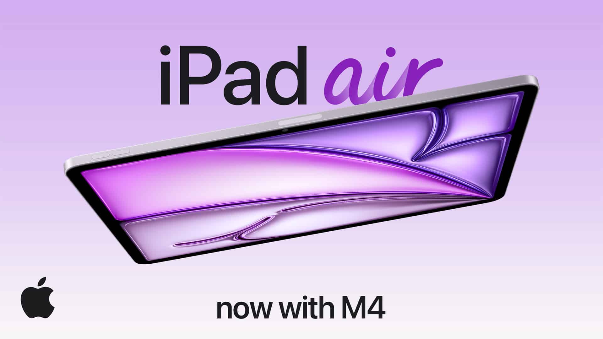Apple iPad Air with M4 chip shown with purple display graphic.