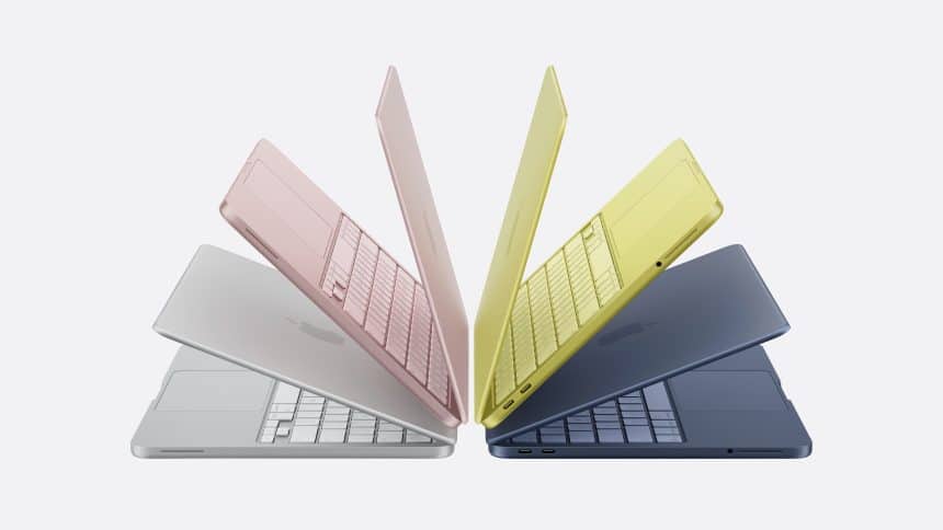 MacBook Neo laptops displayed in multiple colours including pink, yellow, blue, and silver.