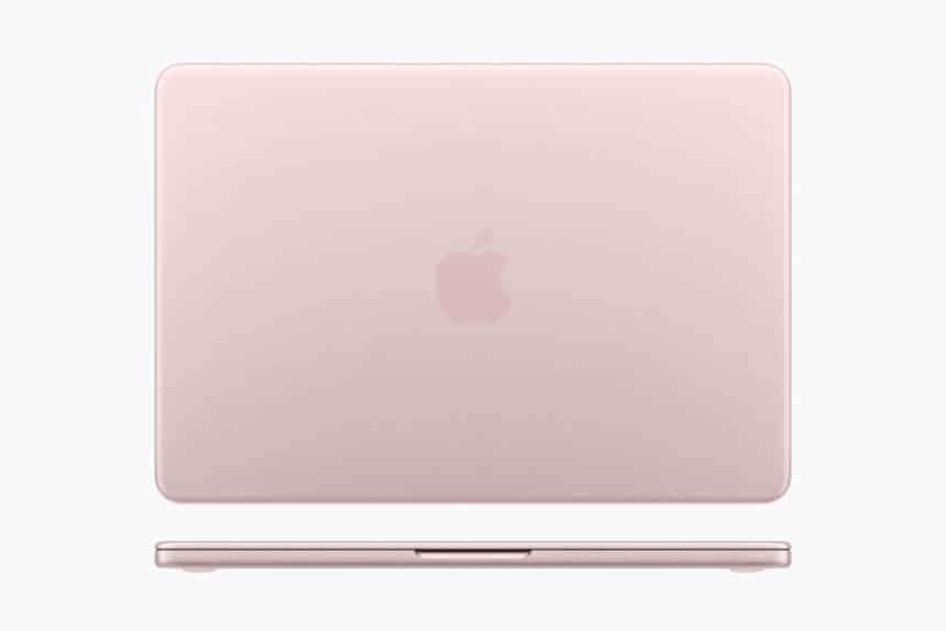 Pink MacBook Neo closed, showing the Apple logo on the lid.
