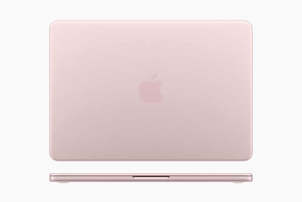 Pink MacBook Neo closed, showing the Apple logo on the lid.