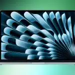 MacBook Air with vibrant OLED-style display on green background.