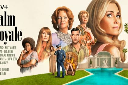 Palm Royale Apple TV+ poster featuring Kristen Wiig and cast in a glamorous 1960s Palm Beach setting.