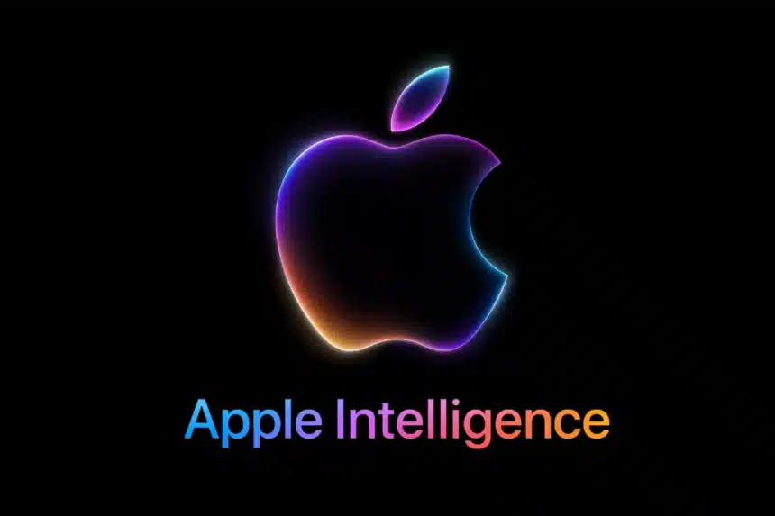 Apple Intelligence logo with colourful glow on black background.