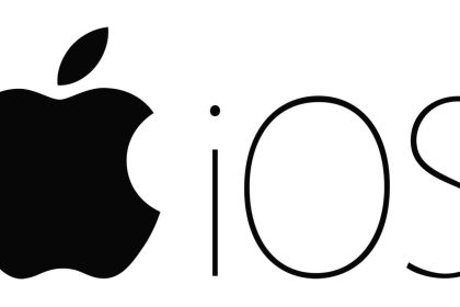 Apple logo with “iOS” text on a plain background.