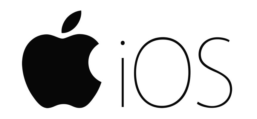 Apple logo with &ldquo;iOS&rdquo; text on a plain background.