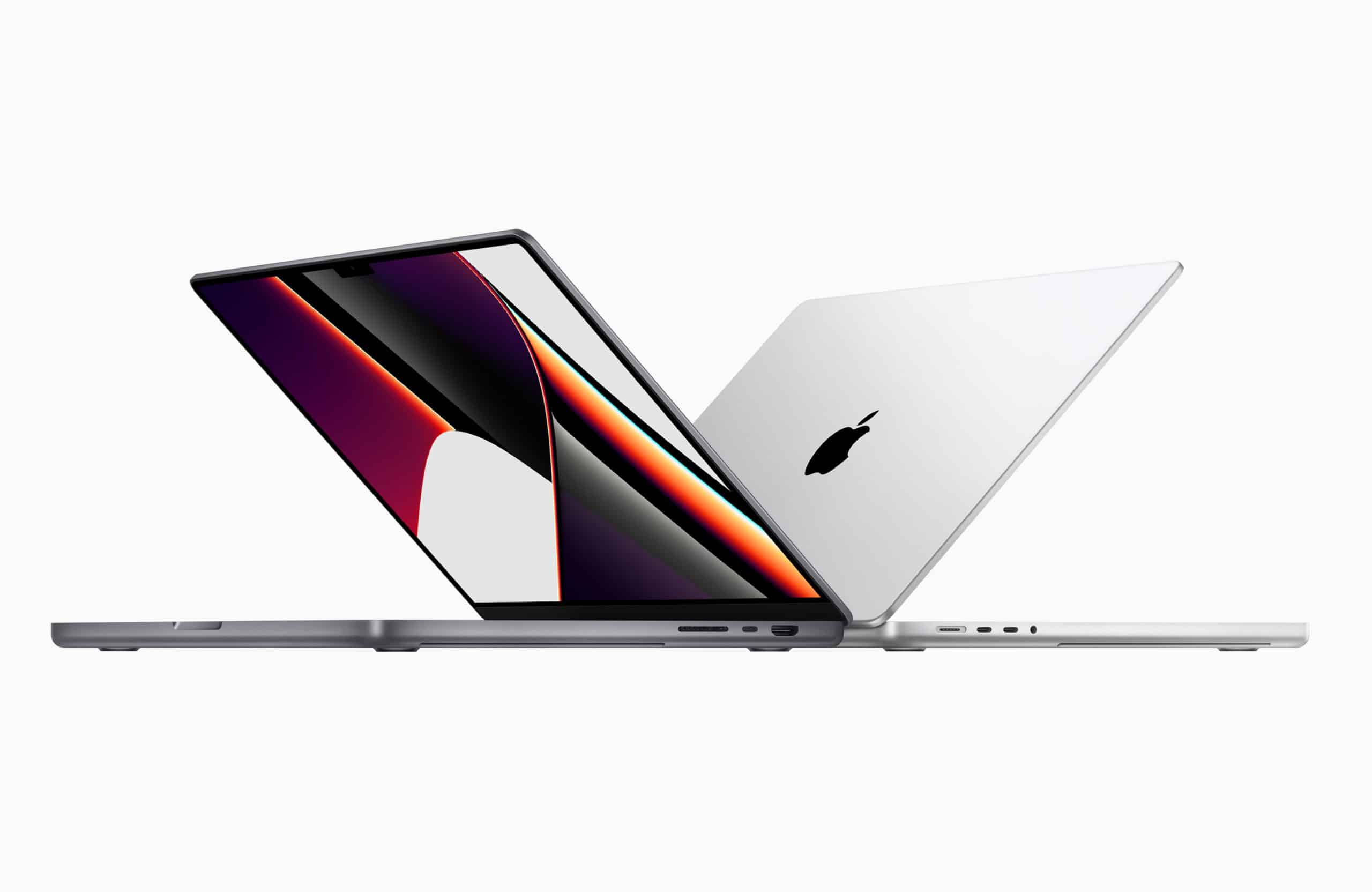 Two MacBook laptops shown open and closed in side view.