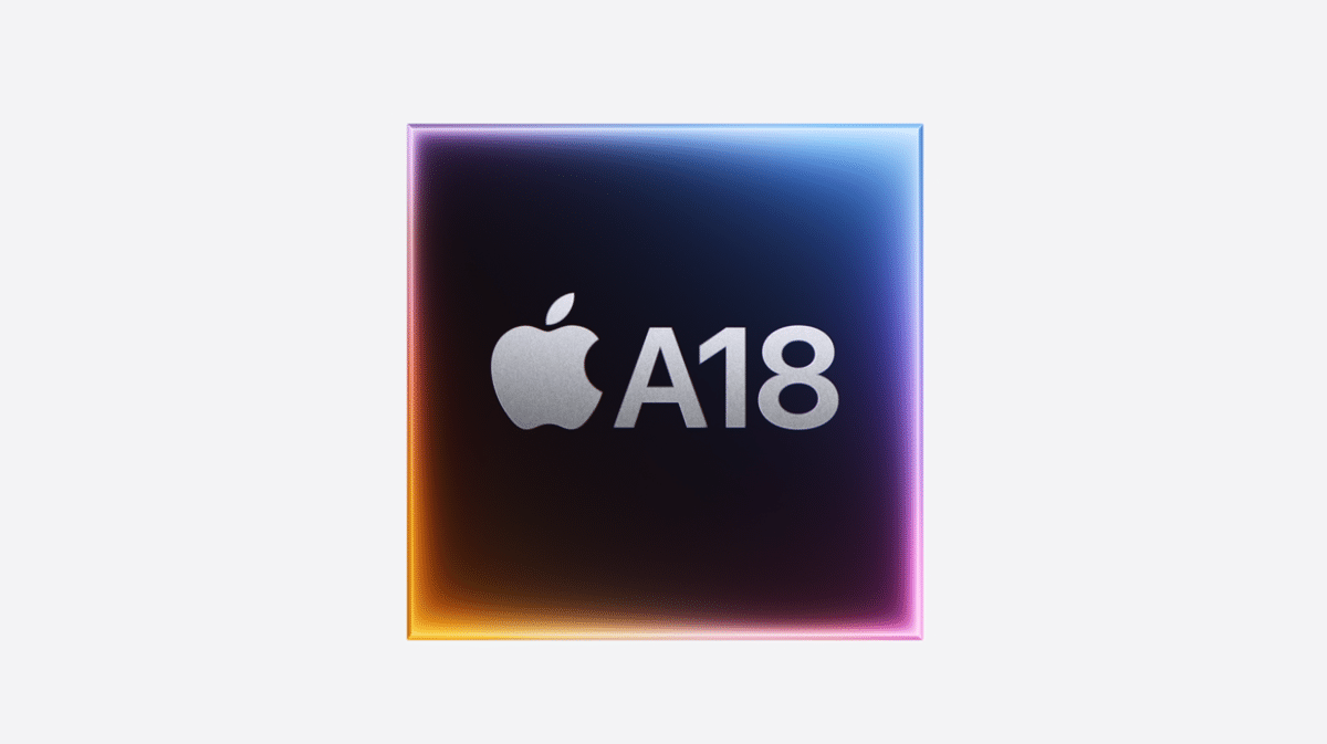 Apple A18 chip logo on a colourful square background.