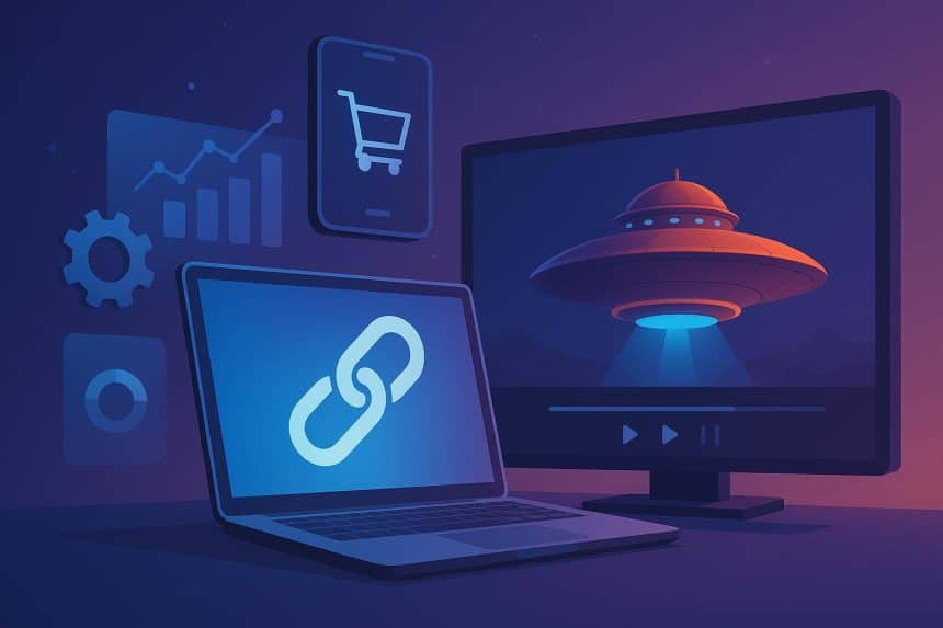 Futuristic technology icons merging with classic sci-fi franchise elements and streaming symbols