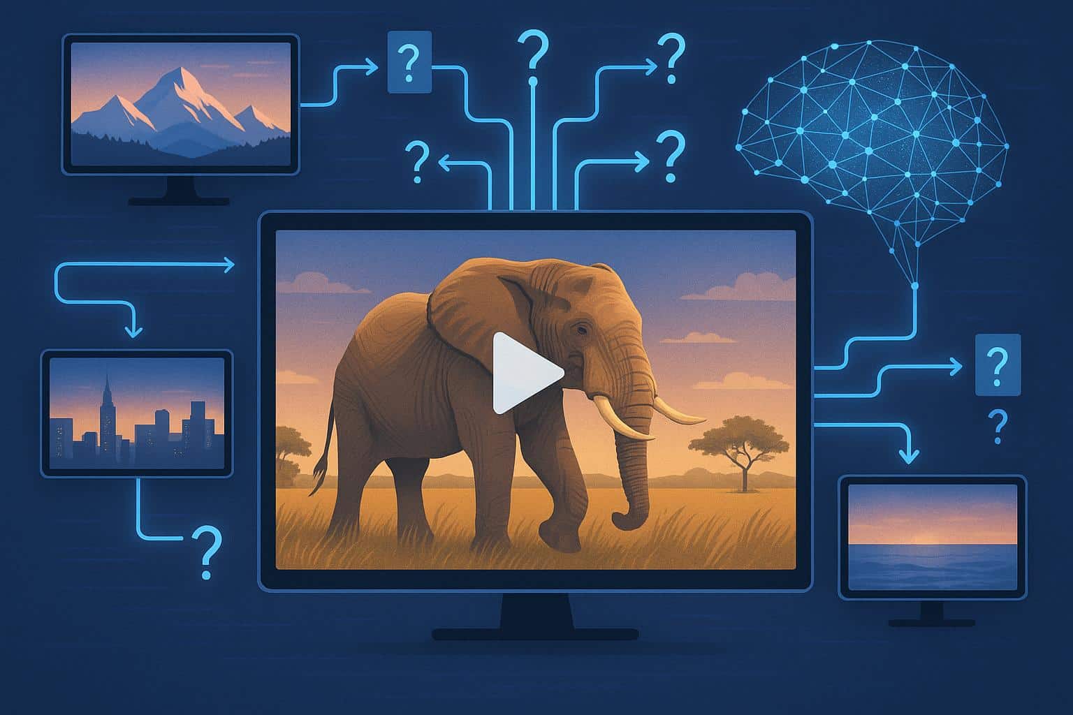 Abstract visualization of AI-powered interactive documentary branching on a digital streaming platform