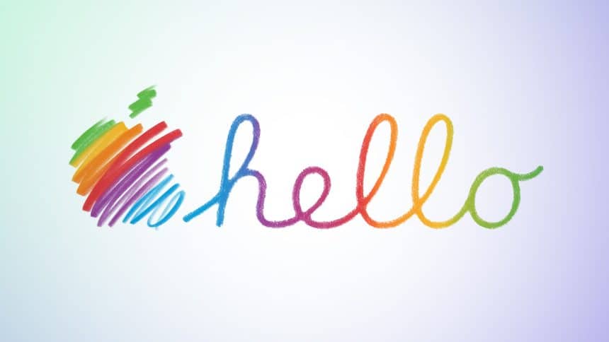 Colourful handwritten &ldquo;hello&rdquo; text with a rainbow Apple logo on a white background.