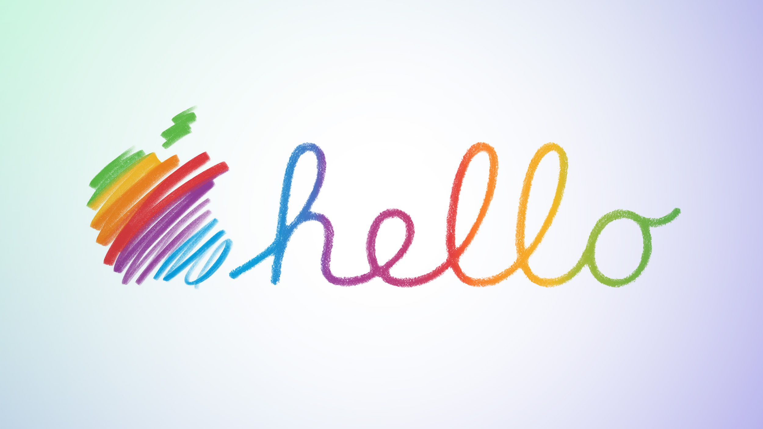 Colourful handwritten &ldquo;hello&rdquo; text with a rainbow Apple logo on a white background.