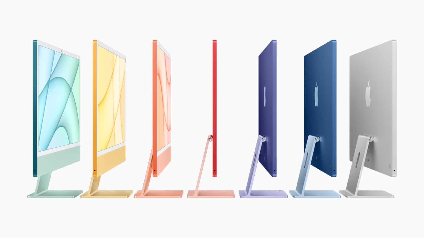 Colourful 24-inch iMac computers shown from multiple angles.