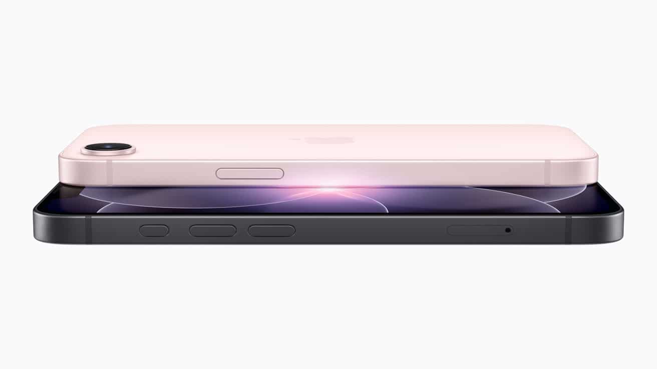 Side view of pink and black iPhone 17e models stacked together.