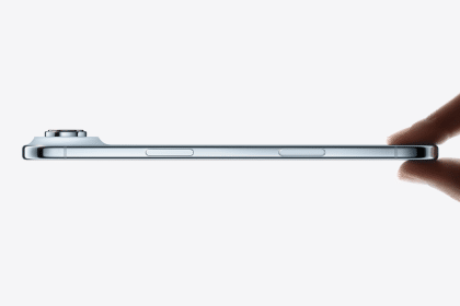 Side view of a slim iPhone Air held between fingers.