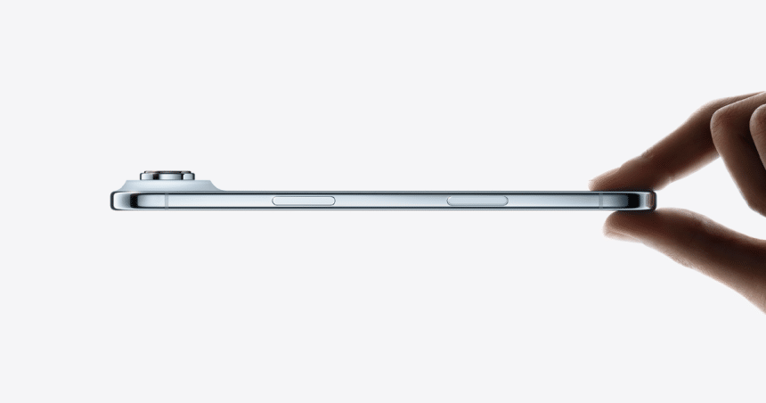 Side view of a slim iPhone Air held between fingers.