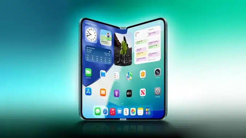Foldable iPhone concept displaying apps on a dual screen.