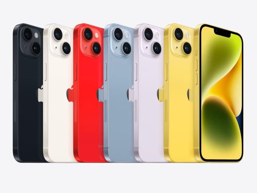 Colourful lineup of Apple iPhones displayed in multiple finishes.