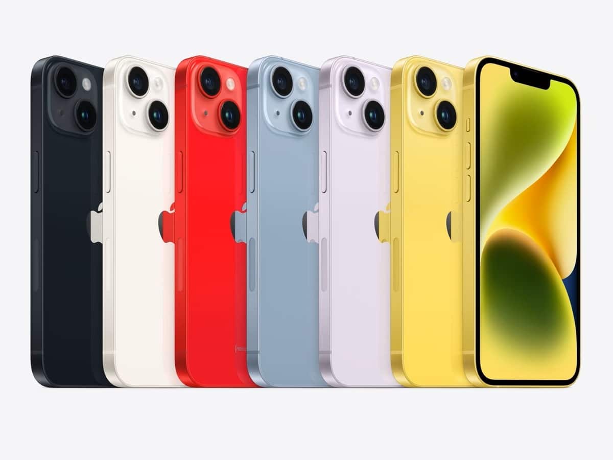 Colourful lineup of Apple iPhones displayed in multiple finishes.
