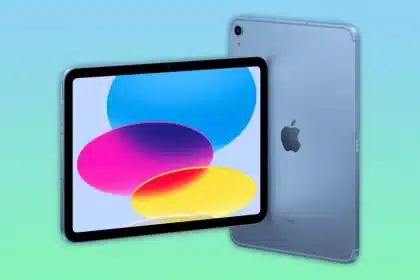 Apple iPad with colourful screen display and rear view.