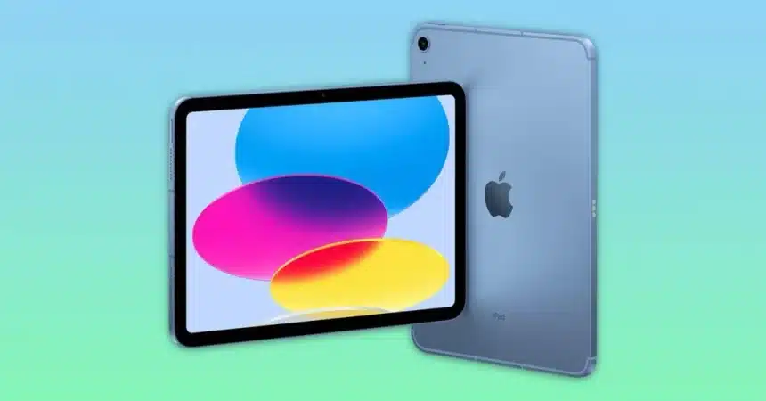 Apple iPad with colourful screen display and rear view.
