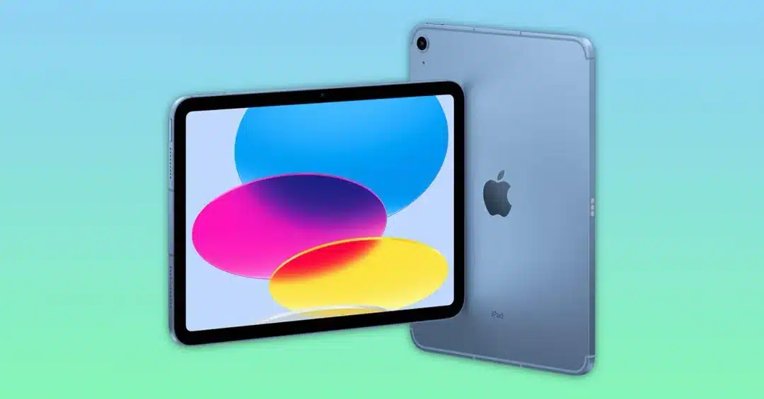 Apple iPad with colourful screen display and rear view.