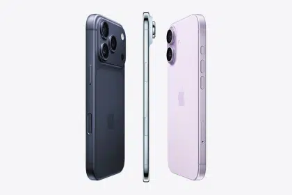 Three Apple iPhones shown from front and back in different colours.