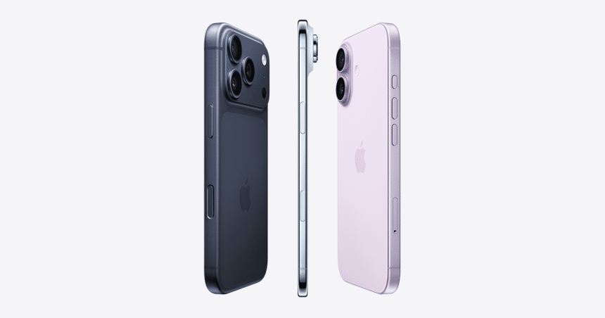 Three Apple iPhones shown from front and back in different colours.