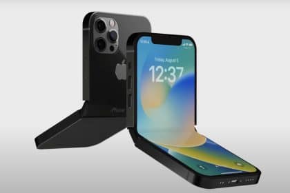 Concept image of a foldable iPhone Flip shown open and closed.