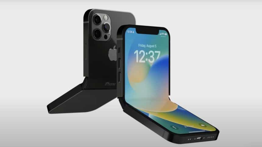 Concept image of a foldable iPhone Flip shown open and closed.