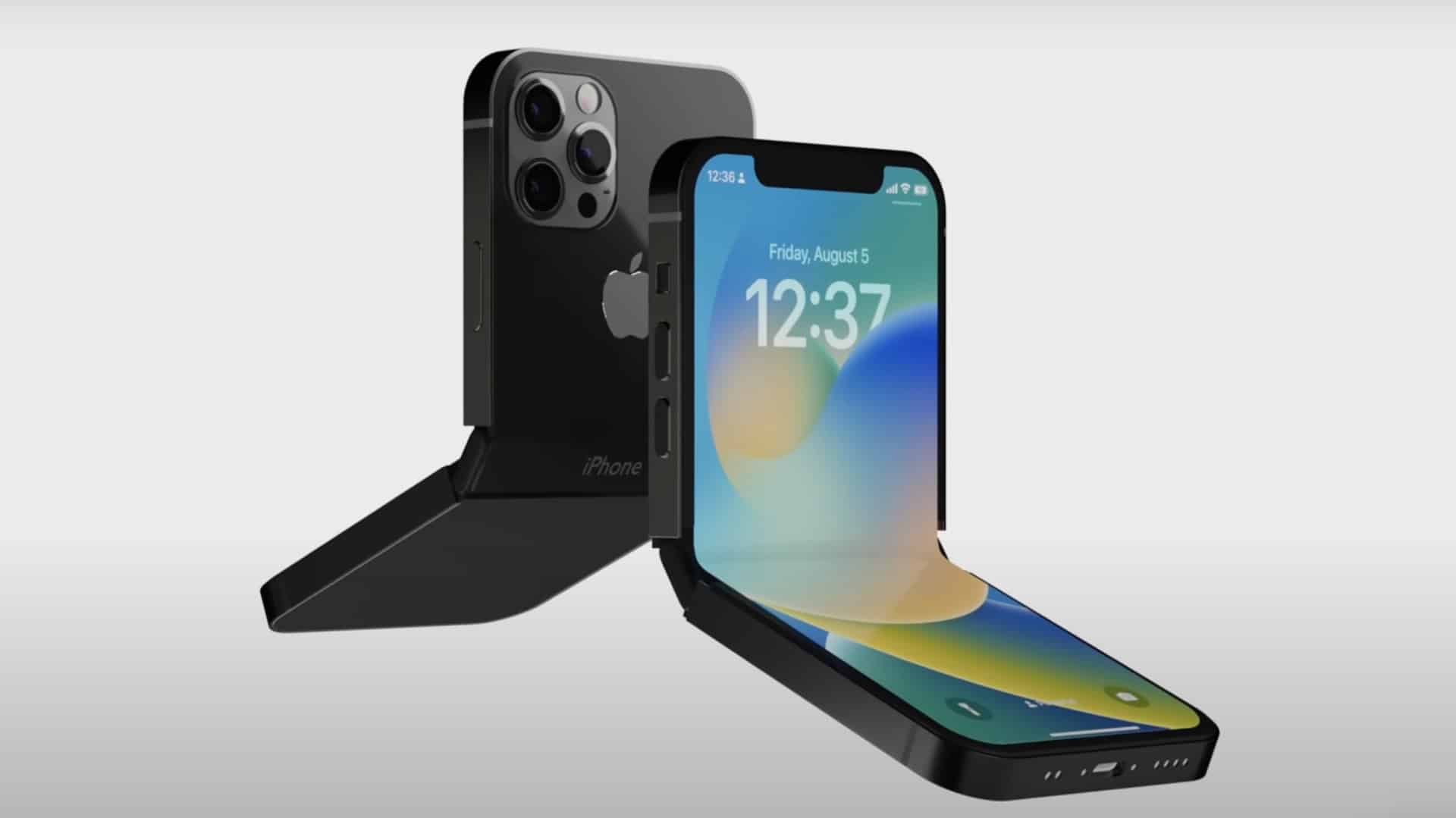 Concept image of a foldable iPhone Flip shown open and closed.