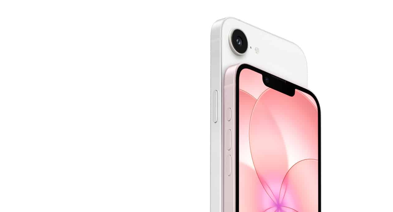 White and pink iPhone 17e showing rear camera and front display.